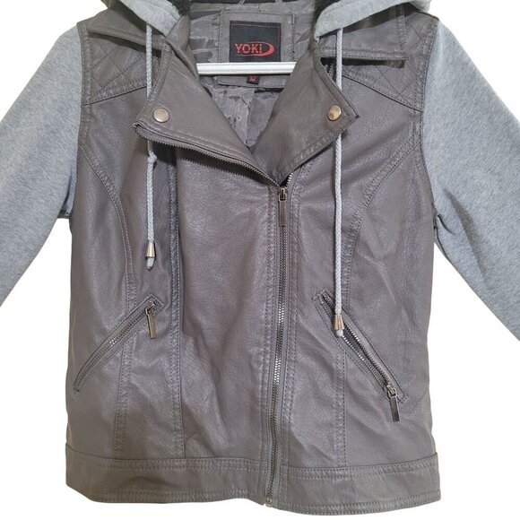 Yoki Womens Faux Leather Moto Jacket With Hoodie - Picture 2 of 9